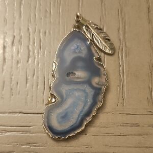 Blue Agate Pendant with Silver Feather Charm